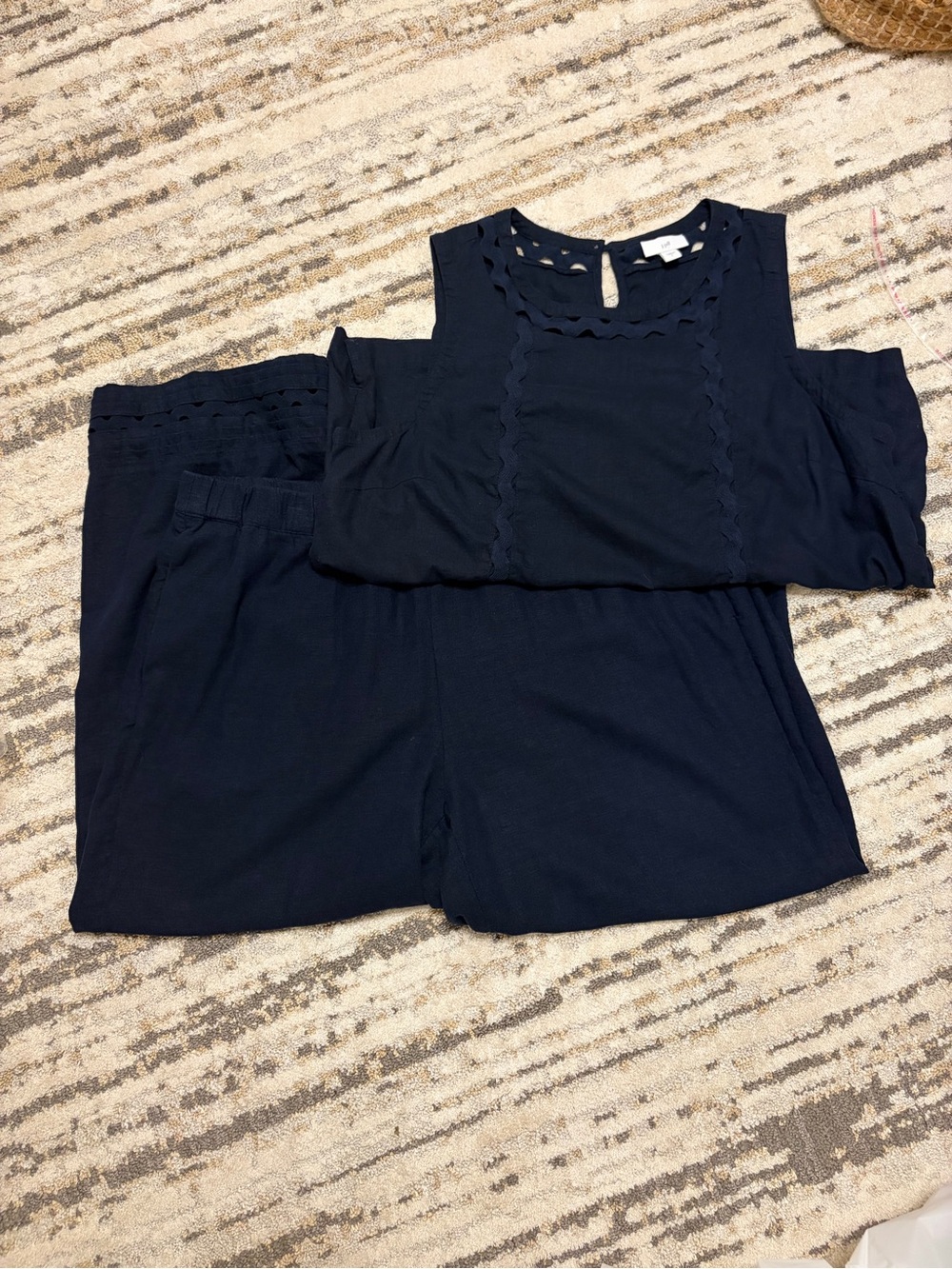 J. Jill | Navy Scallop Trim Linen Blend Set size L